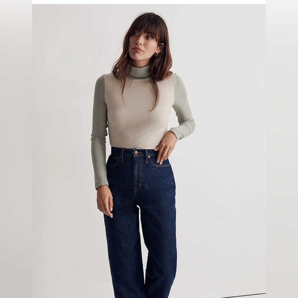 MADEWELL Tan Green Colorblock Ribbed Turtleneck Long Sleeve Top Shirt Sz M